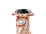 Rose gold Fancy Black Oval Cut Halo Diamond Ring with Milgrain and Bezel Accents on a Split Shank Band_29