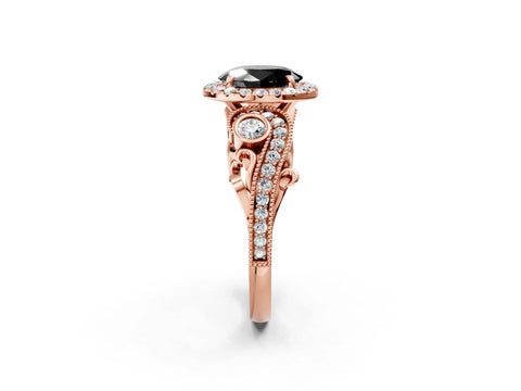Rose gold Fancy Black Oval Cut Halo Diamond Ring with Milgrain and Bezel Accents on a Split Shank Band_2