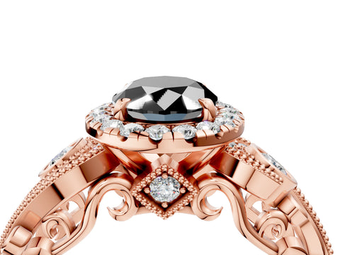 Rose gold Fancy Black Oval Cut Halo Diamond Ring with Milgrain and Bezel Accents on a Split Shank Band_4