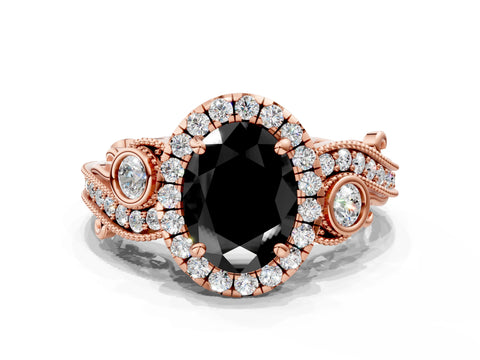Rose gold Fancy Black Oval Cut Halo Diamond Ring with Milgrain and Bezel Accents on a Split Shank Band