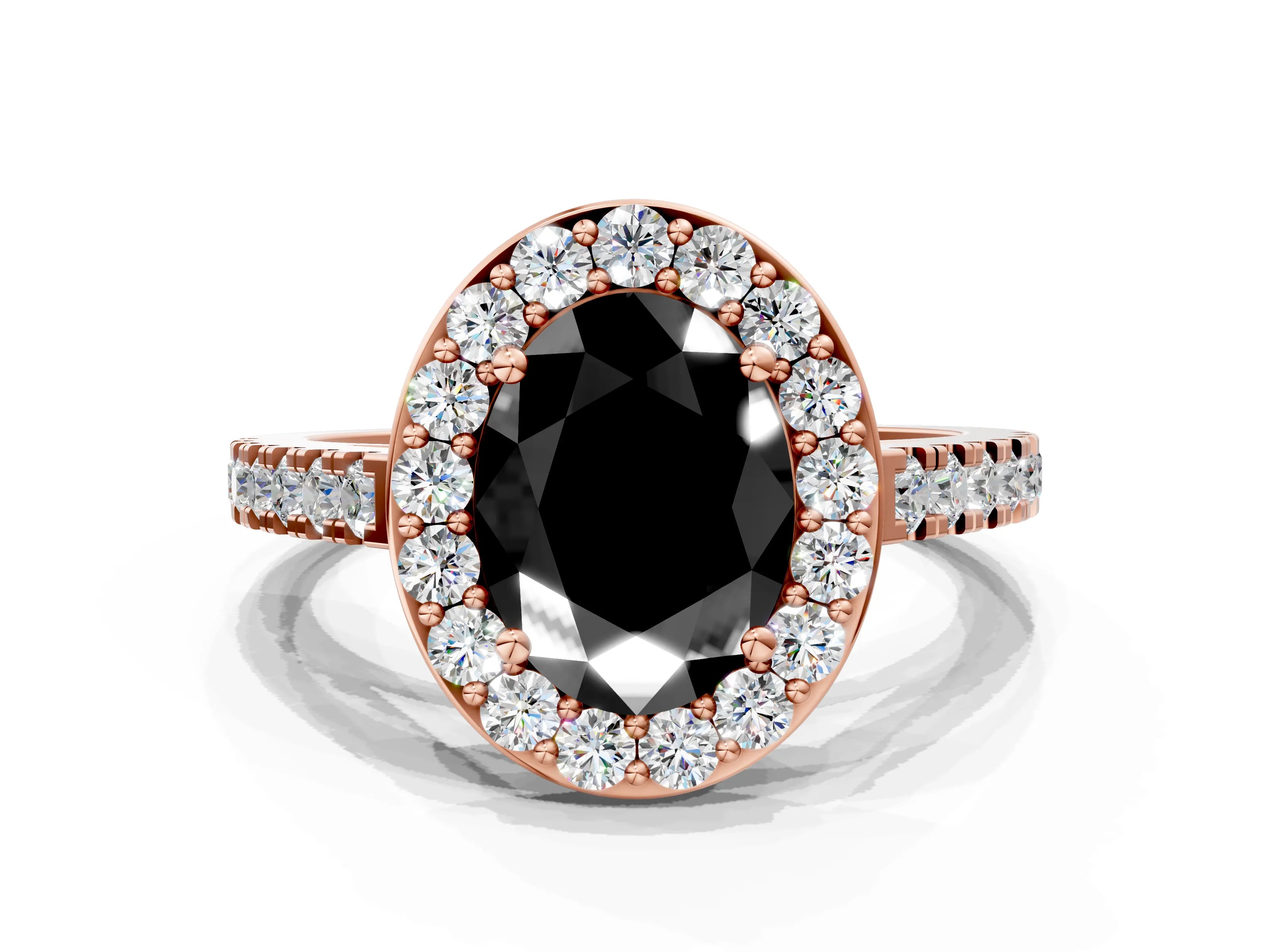 Rose gold Fancy Black Oval Cut Halo Diamond Ring with Pavé Band and Three-Prong Setting