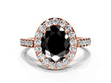 Rose gold Fancy Black Oval Cut Halo Diamond Ring with Pavé Band and Three-Prong Setting