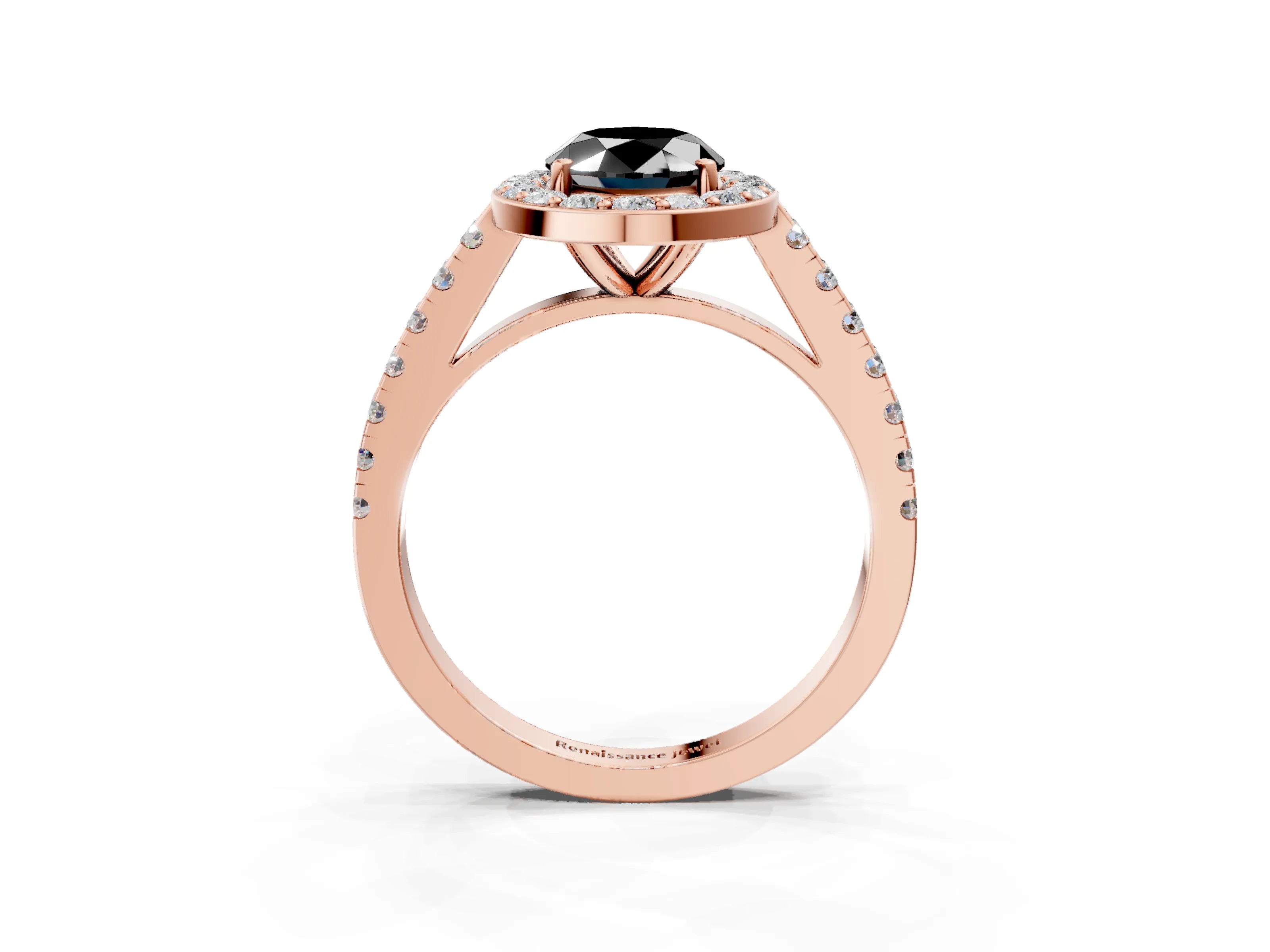 Rose gold Fancy Black Oval Cut Halo Diamond Ring with Pavé Band and Three-Prong Setting_3