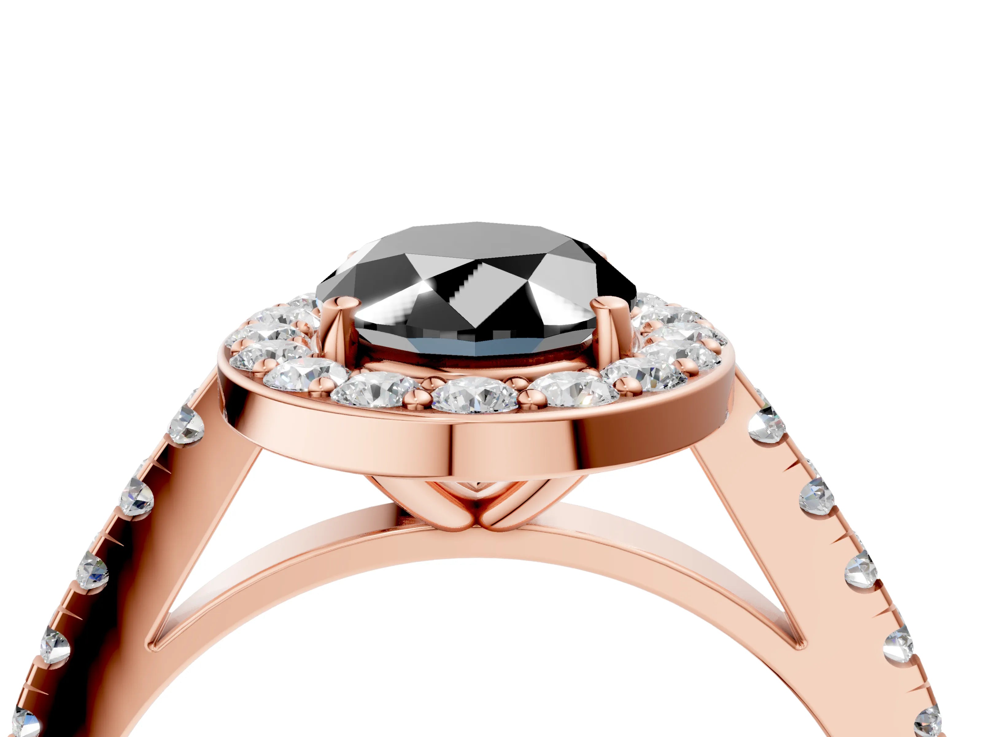 Rose gold Fancy Black Oval Cut Halo Diamond Ring with Pavé Band and Three-Prong Setting_4