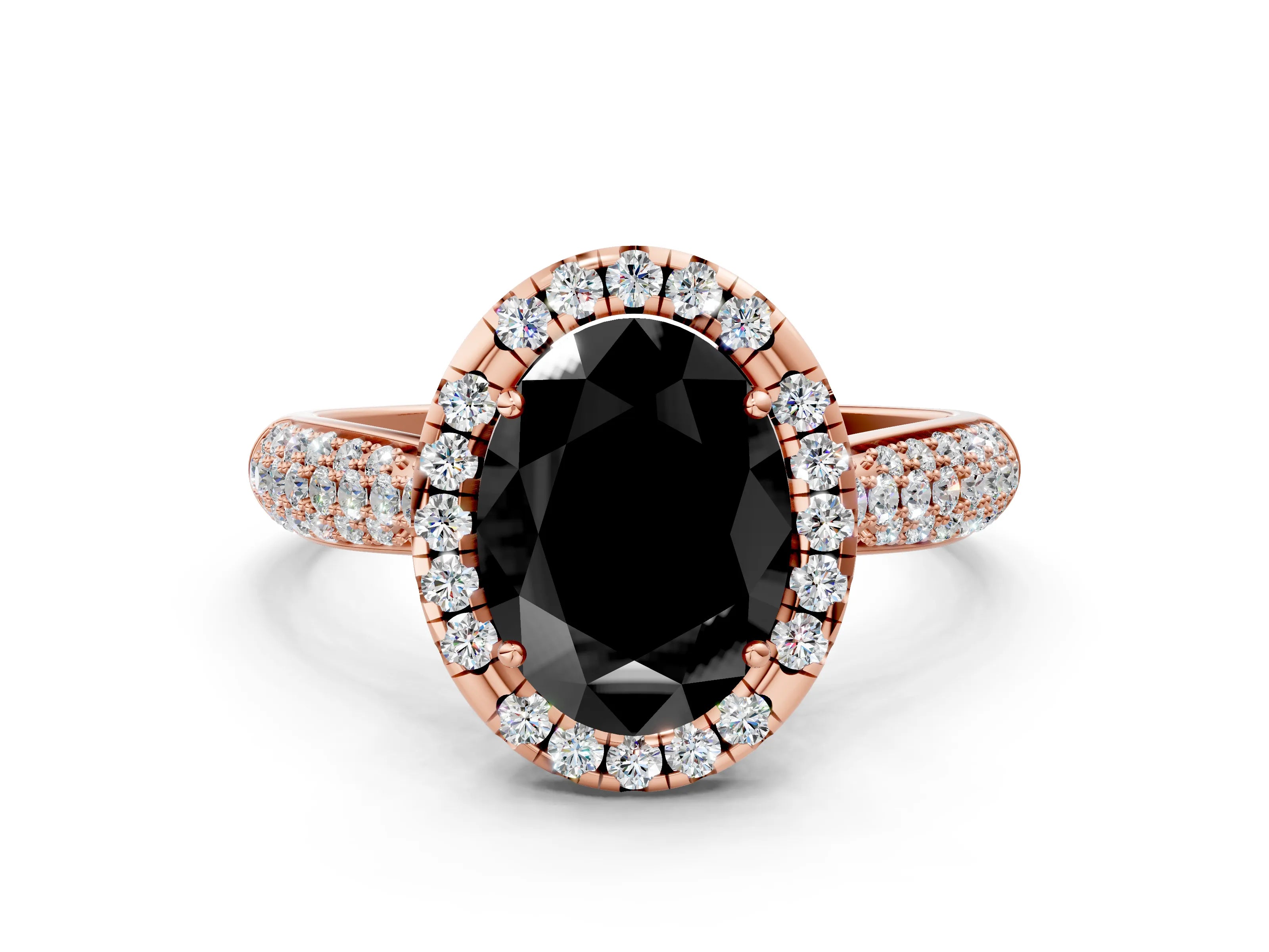 Rose gold Fancy Black Oval Cut Halo Diamond Ring with Pavé Band