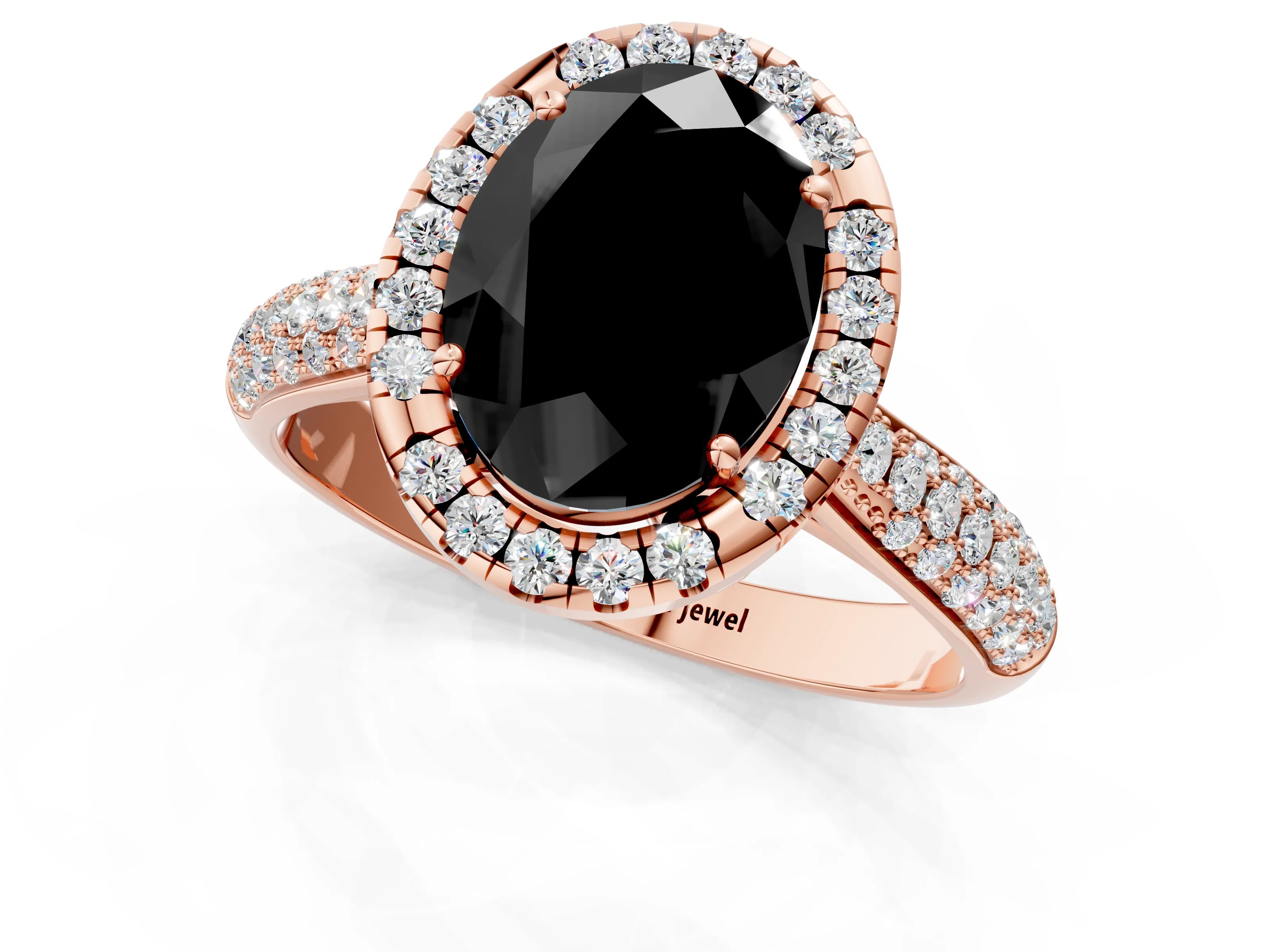 Rose gold Fancy Black Oval Cut Halo Diamond Ring with Pavé Band_1