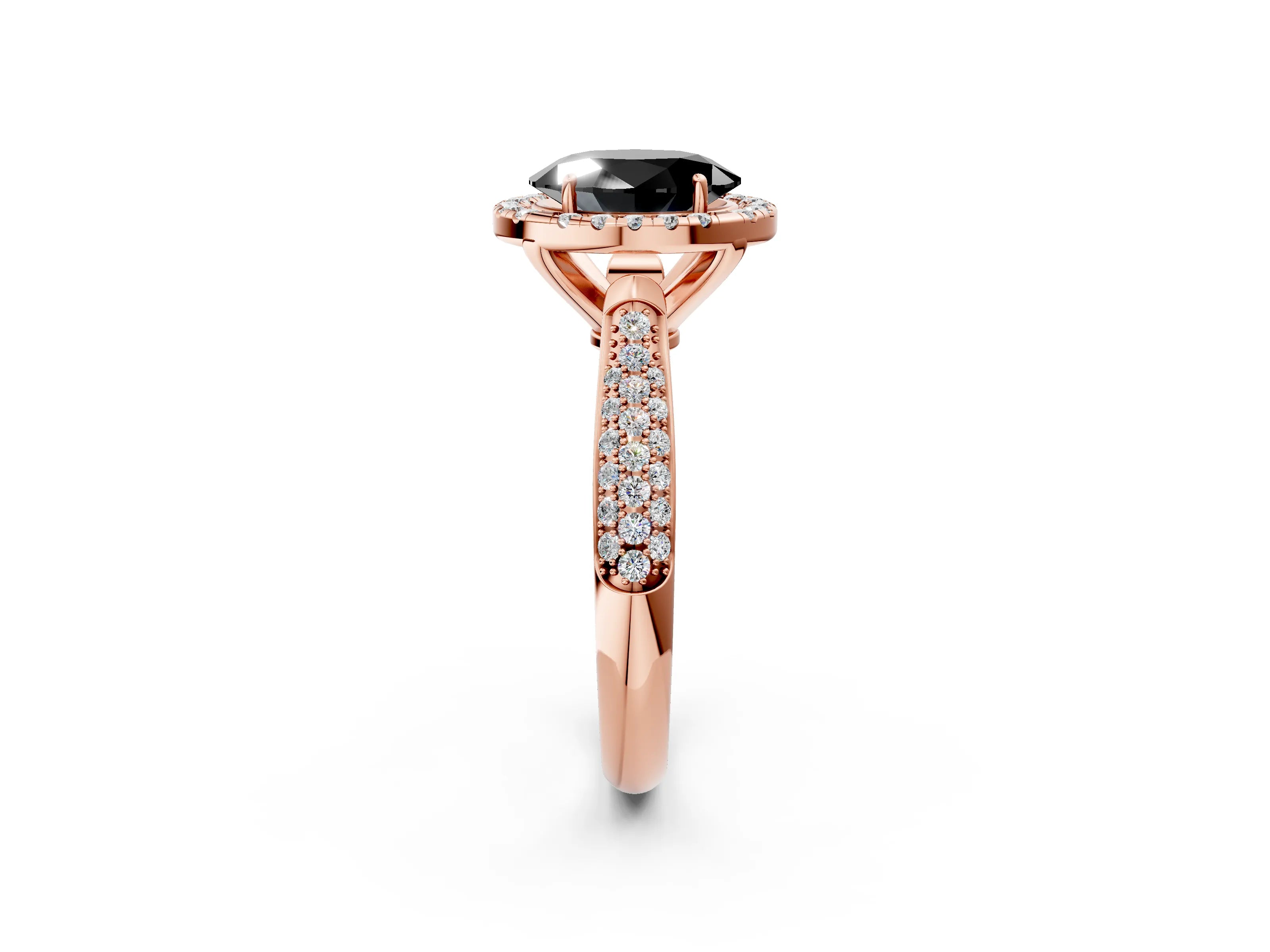 Rose gold Fancy Black Oval Cut Halo Diamond Ring with Pavé Band_2