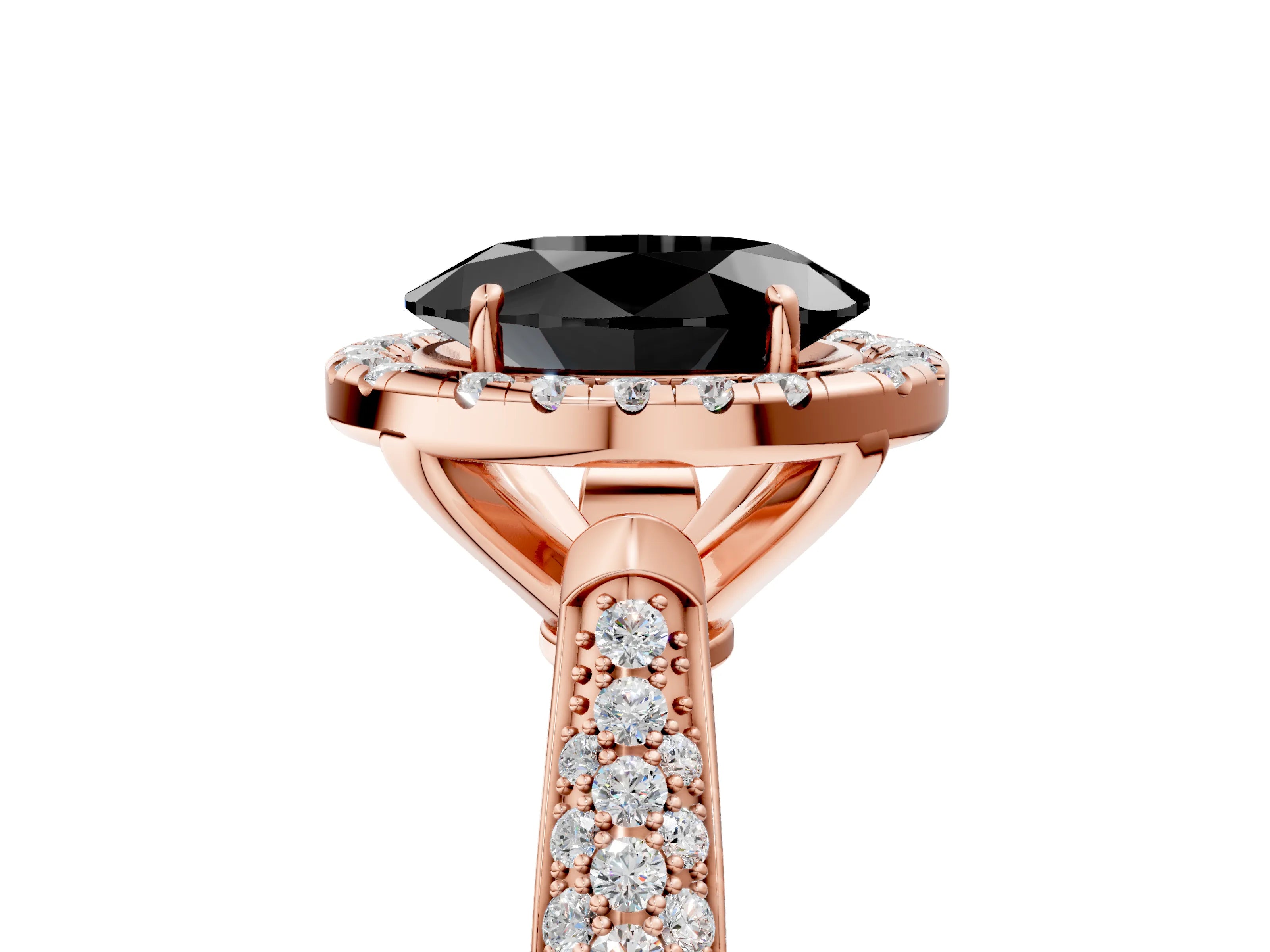Rose gold Fancy Black Oval Cut Halo Diamond Ring with Pavé Band_5