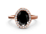 Rose gold Fancy Black Oval Cut Halo Diamond Ring with Solitaire Band and Prong Setting