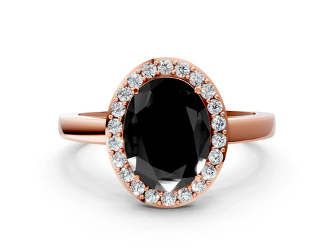 Rose gold Fancy Black Oval Cut Halo Diamond Ring with Solitaire Band and Prong Setting