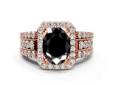 Rose gold Fancy Black Oval Cut Halo Diamond Ring with Split Shank and Four-Prong Setting