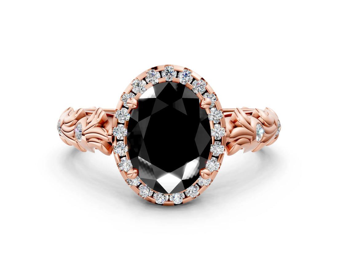 Rose gold Fancy Black Oval Cut Halo Diamond Solitaire with Filigree Band and Four-Prong Setting_12