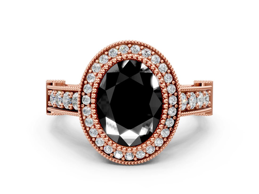 Rose gold Fancy Black Oval Cut Halo Diamond Split Shank Pave Ring