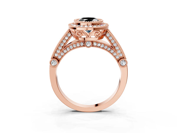 Rose Gold Oval Vintage Bezel Halo Engagement Ring Setting for Black Center