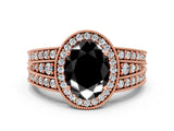 Rose gold Fancy Black Oval Cut Halo Diamond Split Shank Ring with Prong Setting