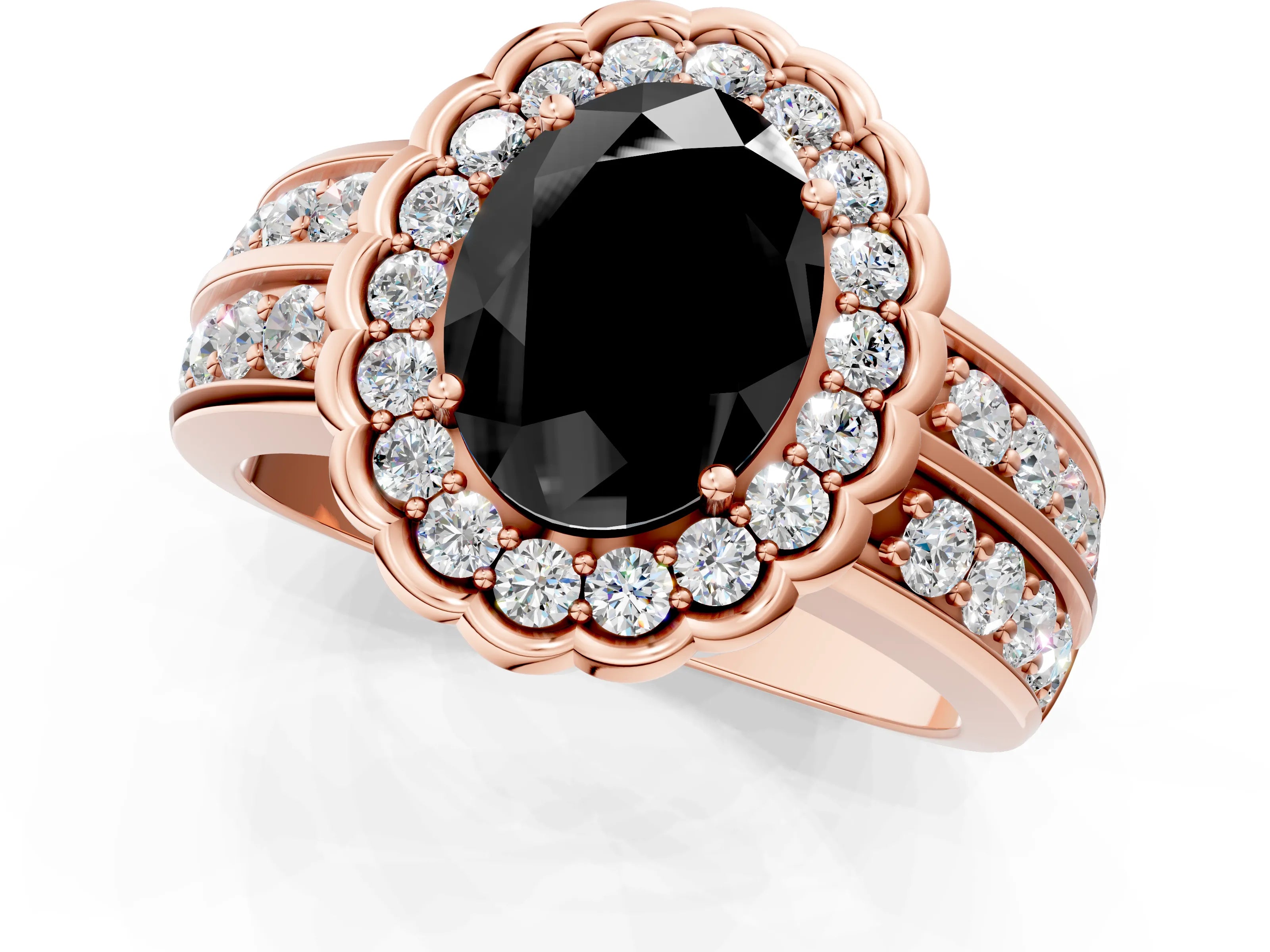 Rose gold Fancy Black Oval Cut Halo Diamond Split Shank Ring with Scalloped Prong Setting_1