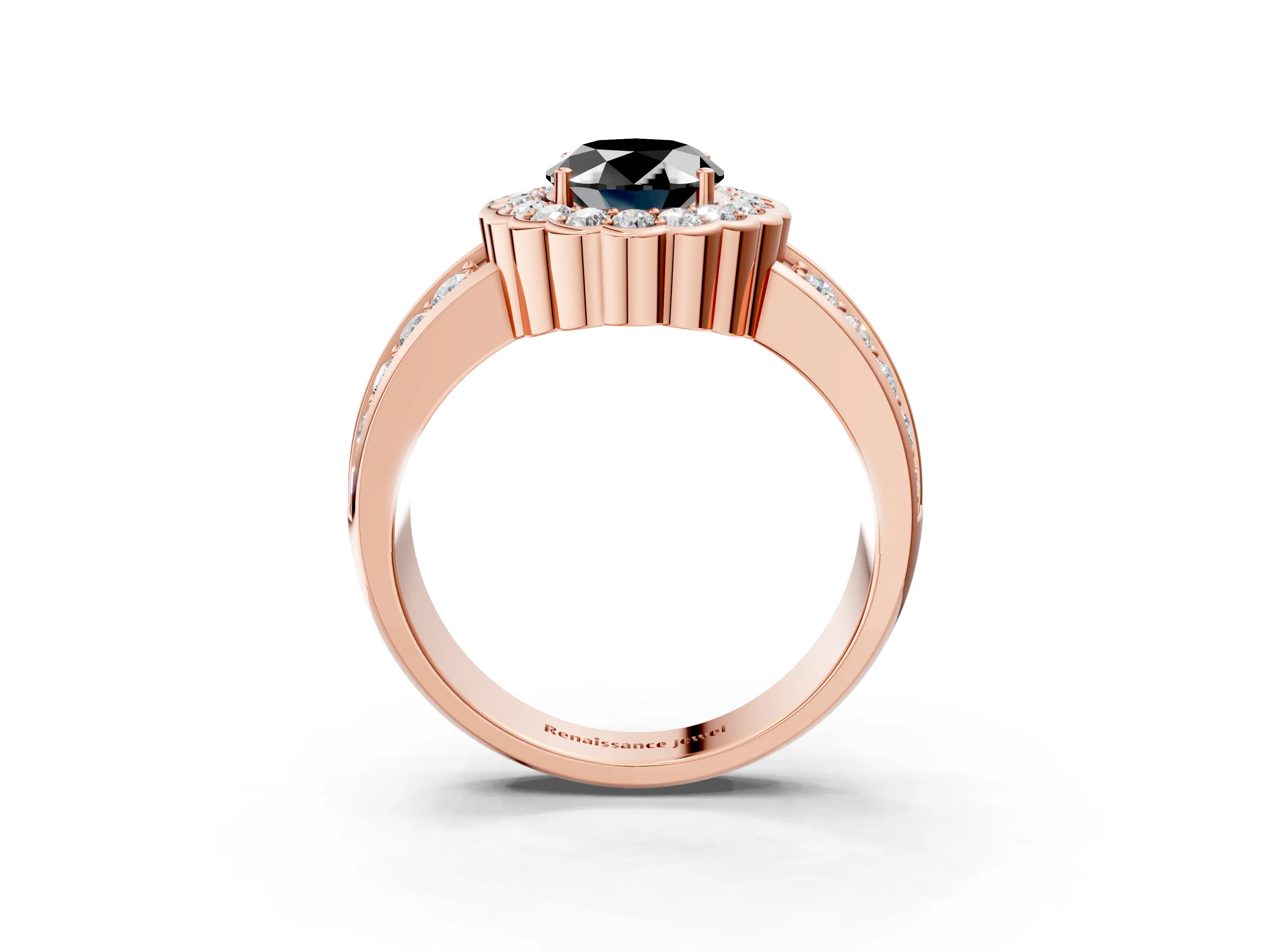 Rose gold Fancy Black Oval Cut Halo Diamond Split Shank Ring with Scalloped Prong Setting_3