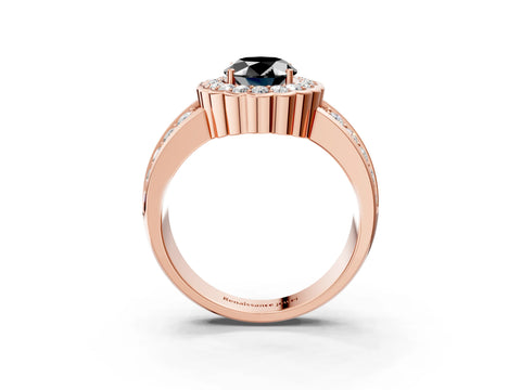 Rose gold Fancy Black Oval Cut Halo Diamond Split Shank Ring with Scalloped Prong Setting_3
