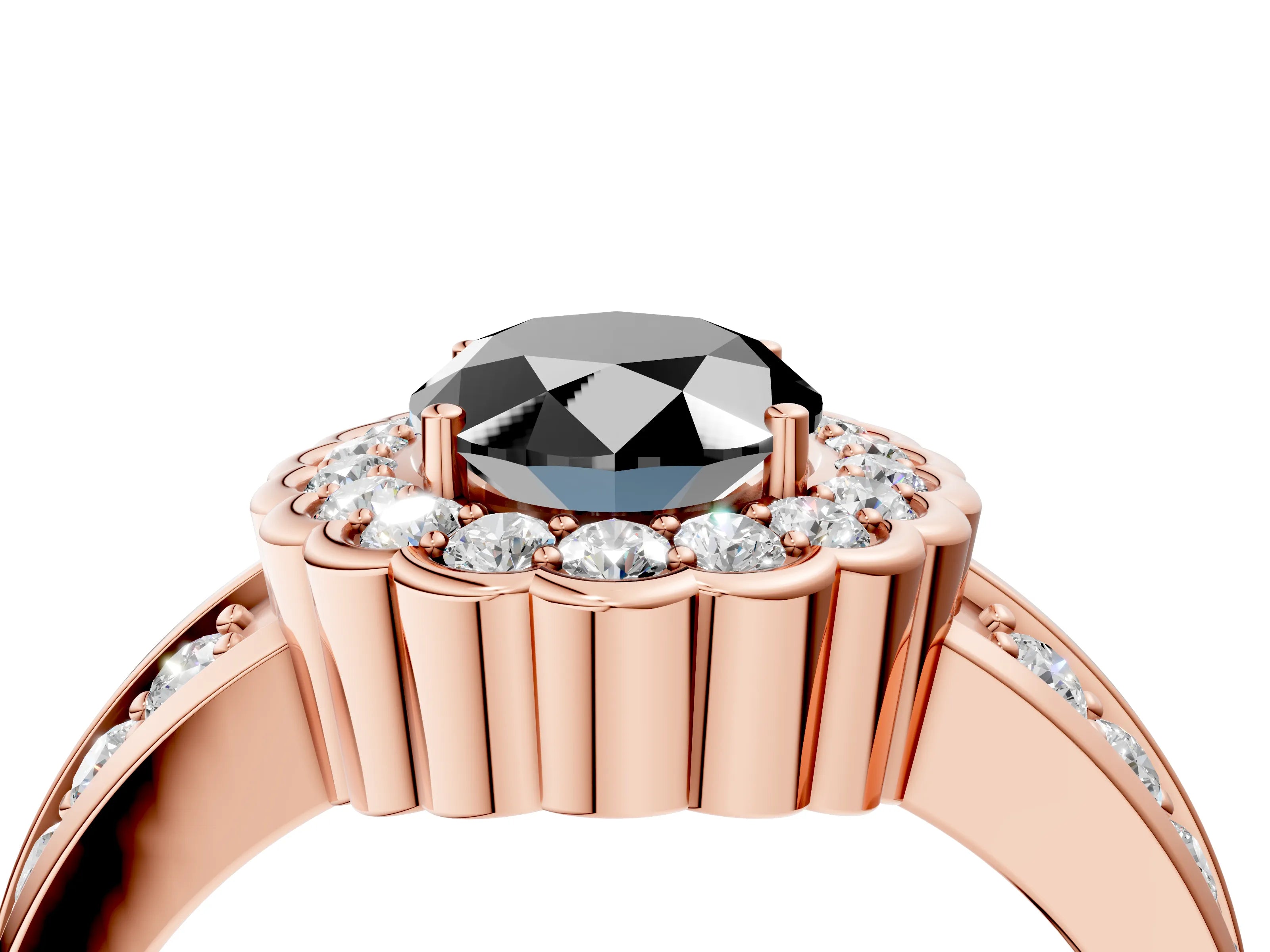 Rose gold Fancy Black Oval Cut Halo Diamond Split Shank Ring with Scalloped Prong Setting_4