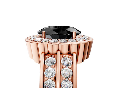 Rose gold Fancy Black Oval Cut Halo Diamond Split Shank Ring with Scalloped Prong Setting_5