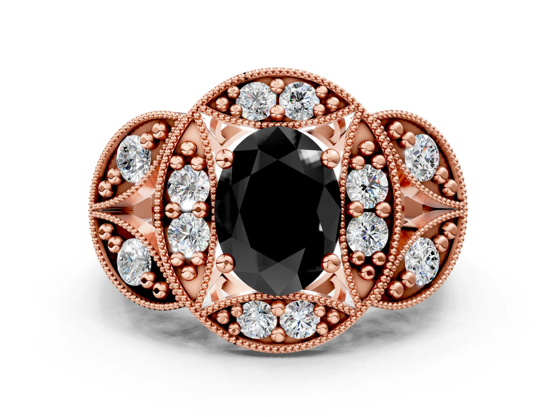 Rose gold Fancy Black Oval Cut Halo Milgrain Diamond Engagement Ring with Leaf Band and Four-Prong Setting