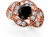 Rose gold Fancy Black Oval Cut Halo Milgrain Diamond Engagement Ring with Leaf Band and Four-Prong Setting_1