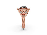 Rose gold Fancy Black Oval Cut Halo Milgrain Diamond Engagement Ring with Leaf Band and Four-Prong Setting_2