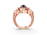 Rose gold Fancy Black Oval Cut Halo Milgrain Diamond Engagement Ring with Leaf Band and Four-Prong Setting_3