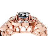 Rose gold Fancy Black Oval Cut Halo Milgrain Diamond Engagement Ring with Leaf Band and Four-Prong Setting_4