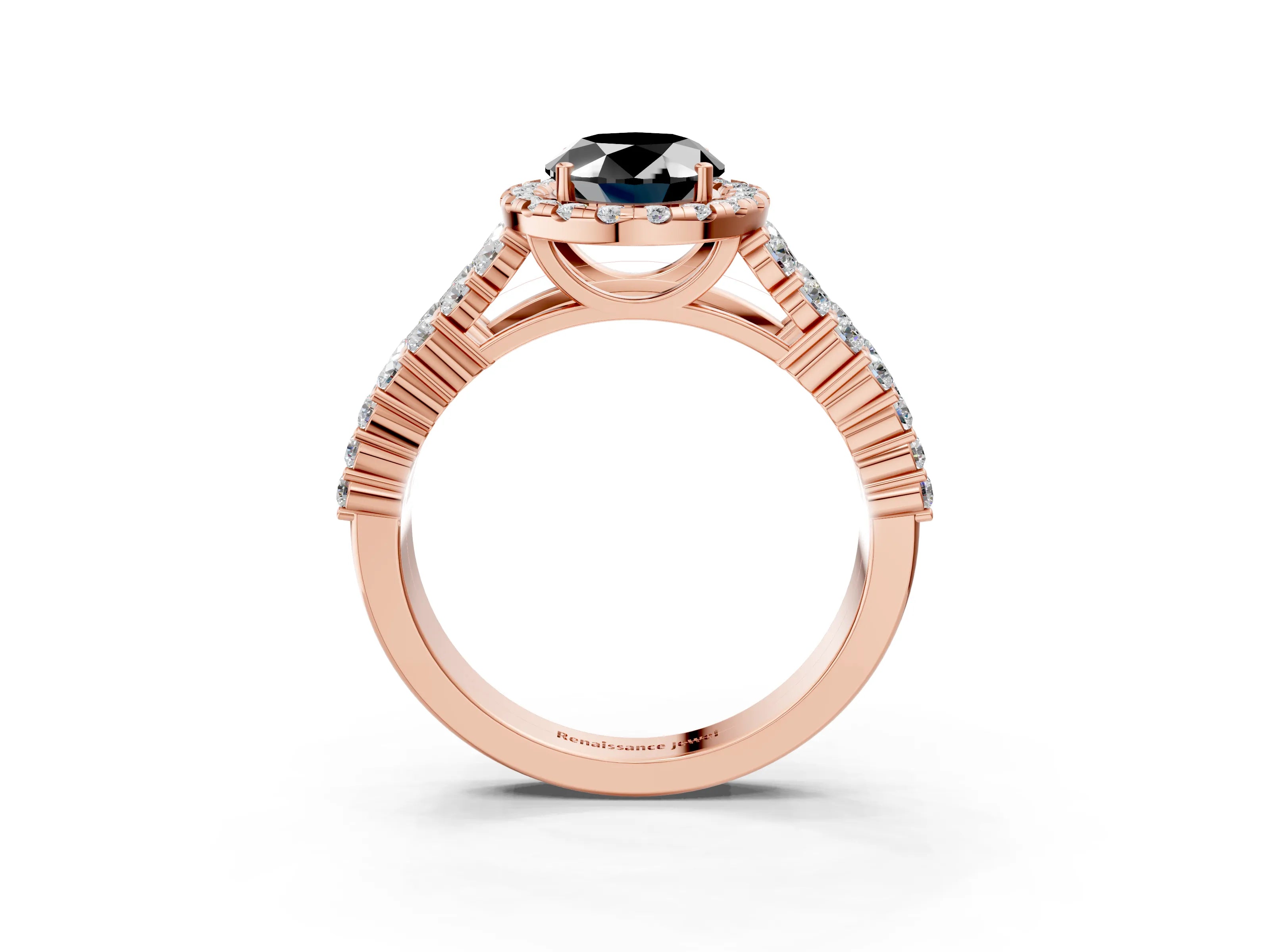 Rose gold Fancy Black Oval Cut Halo Pavé Diamond Engagement Ring with Split Shank and Four-Prong Setting_6