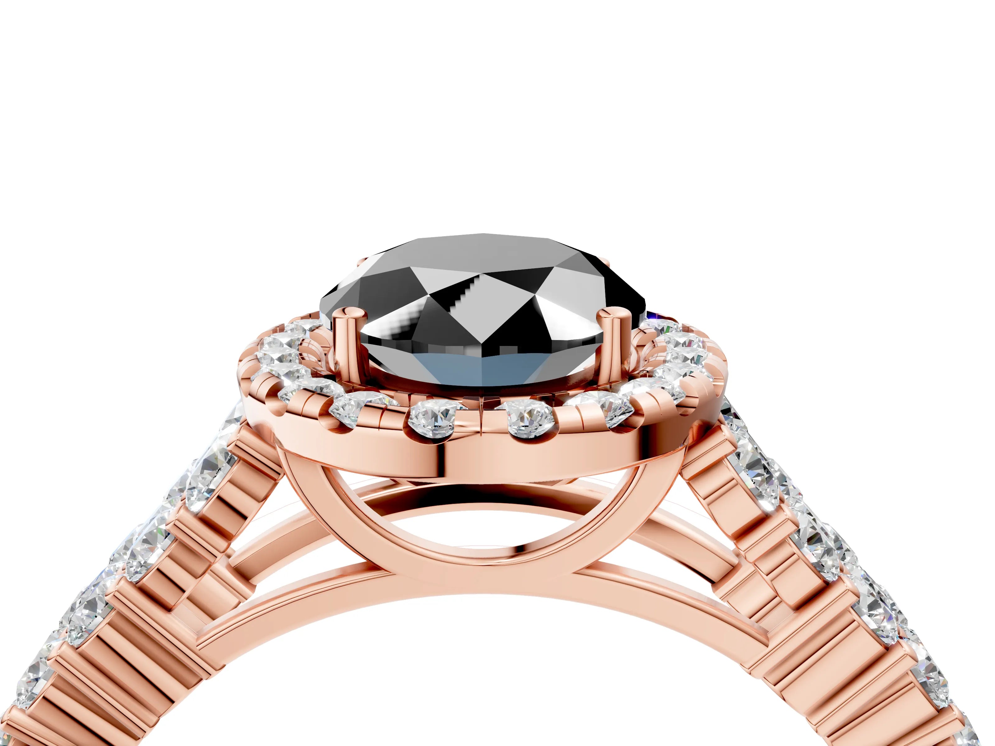 Rose gold Fancy Black Oval Cut Halo Pavé Diamond Engagement Ring with Split Shank and Four-Prong Setting_7