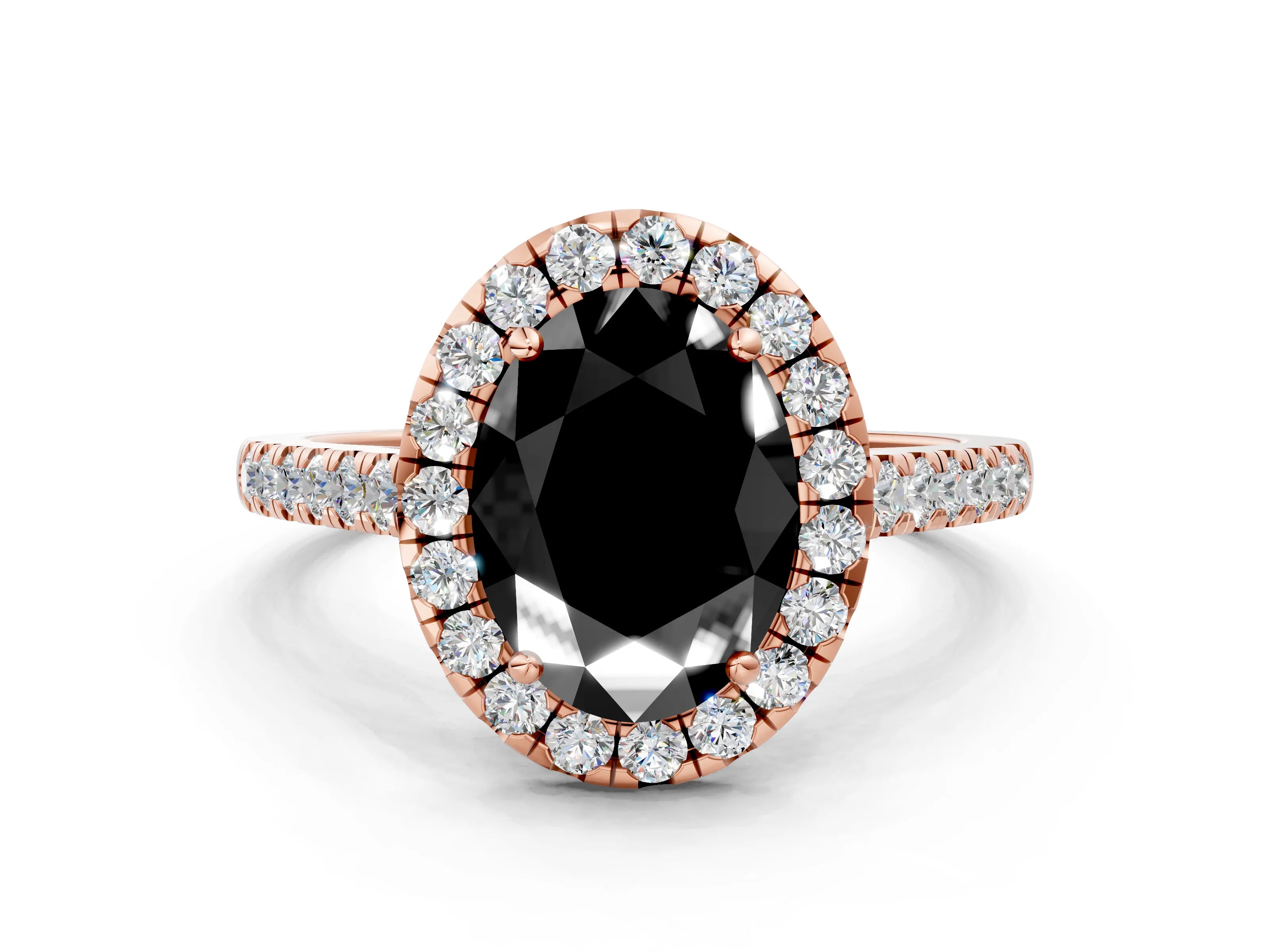 Rose gold Fancy Black Oval Cut Halo Pave Diamond Engagement Ring with Four-Prong Setting