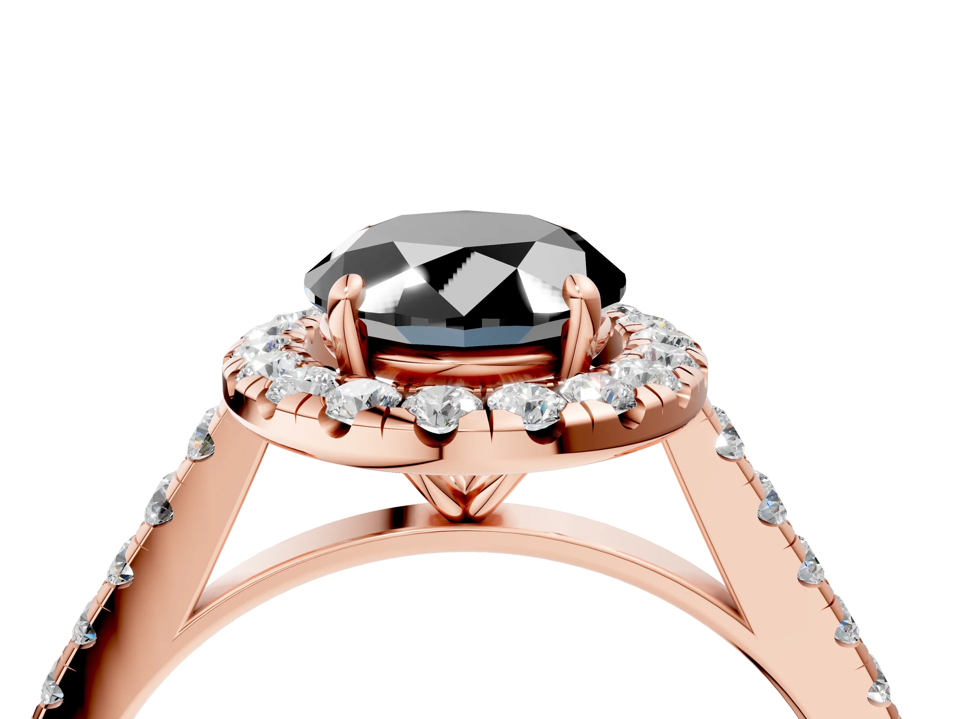 Rose gold Fancy Black Oval Cut Halo Pave Diamond Engagement Ring with Four-Prong Setting_4