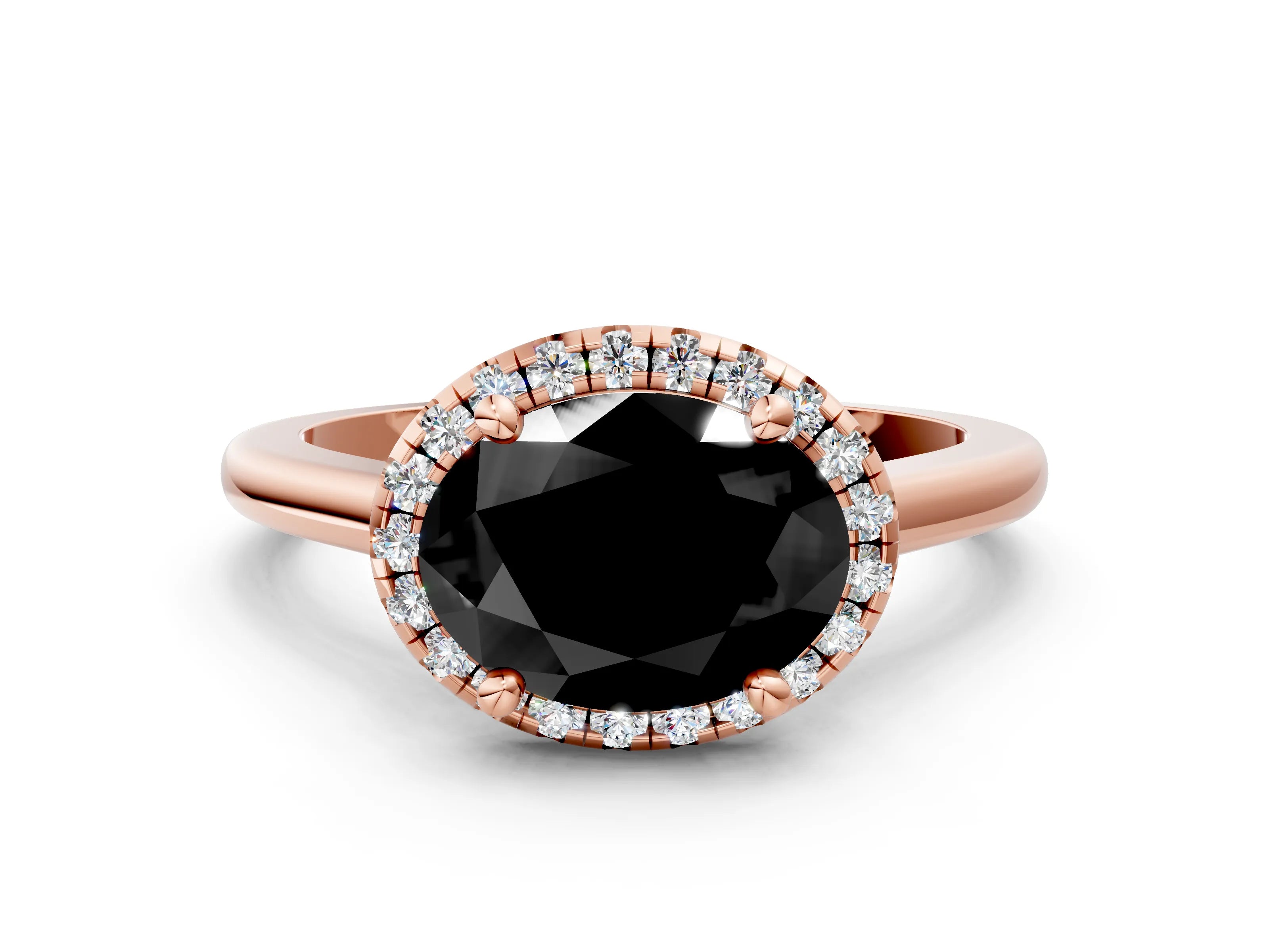 Rose gold Fancy Black Oval Cut Halo Round Diamond Solitaire Engagement Ring with Pave Band and Four-Prong Setting_12