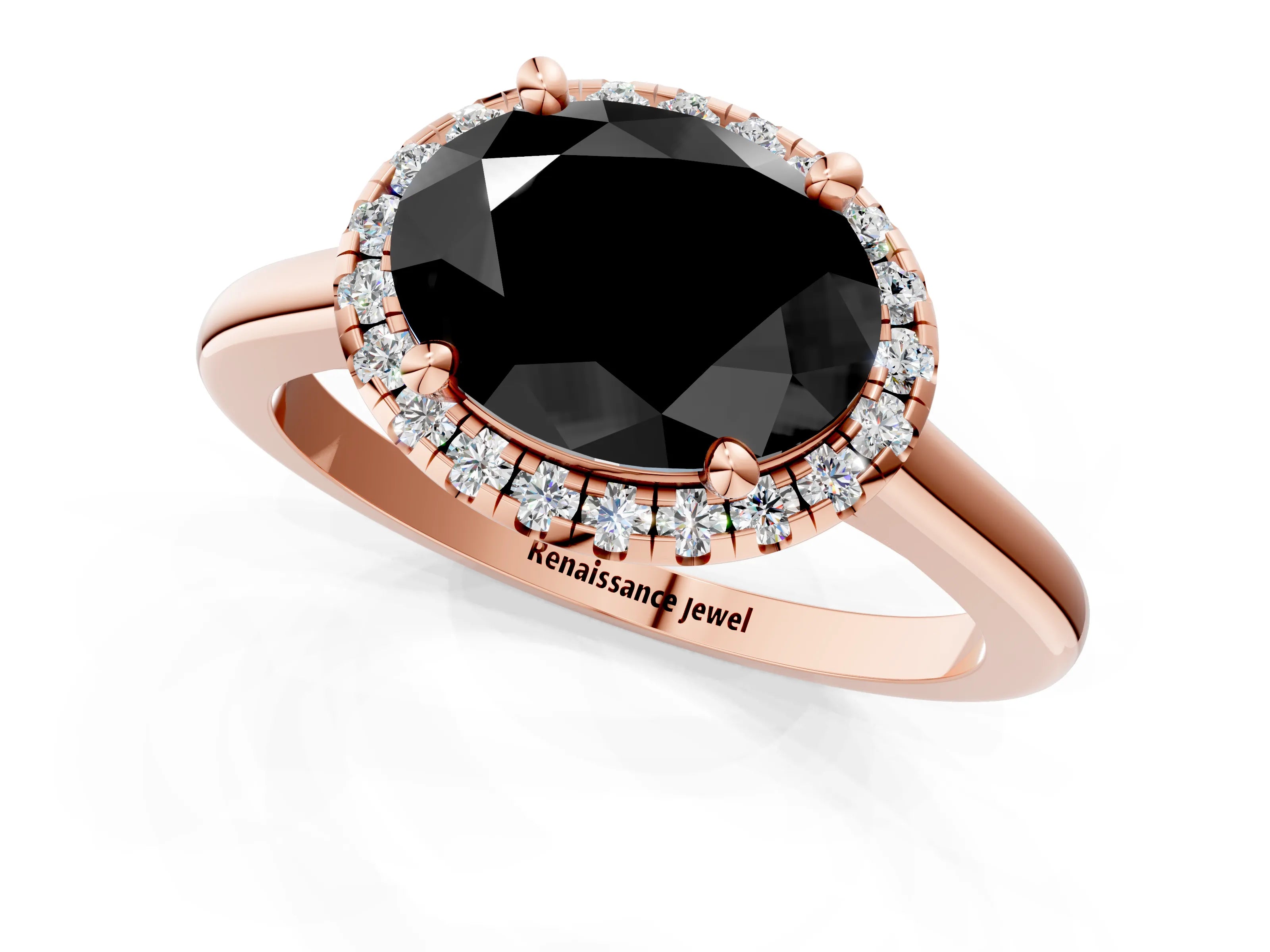 Rose gold Fancy Black Oval Cut Halo Round Diamond Solitaire Engagement Ring with Pave Band and Four-Prong Setting_13