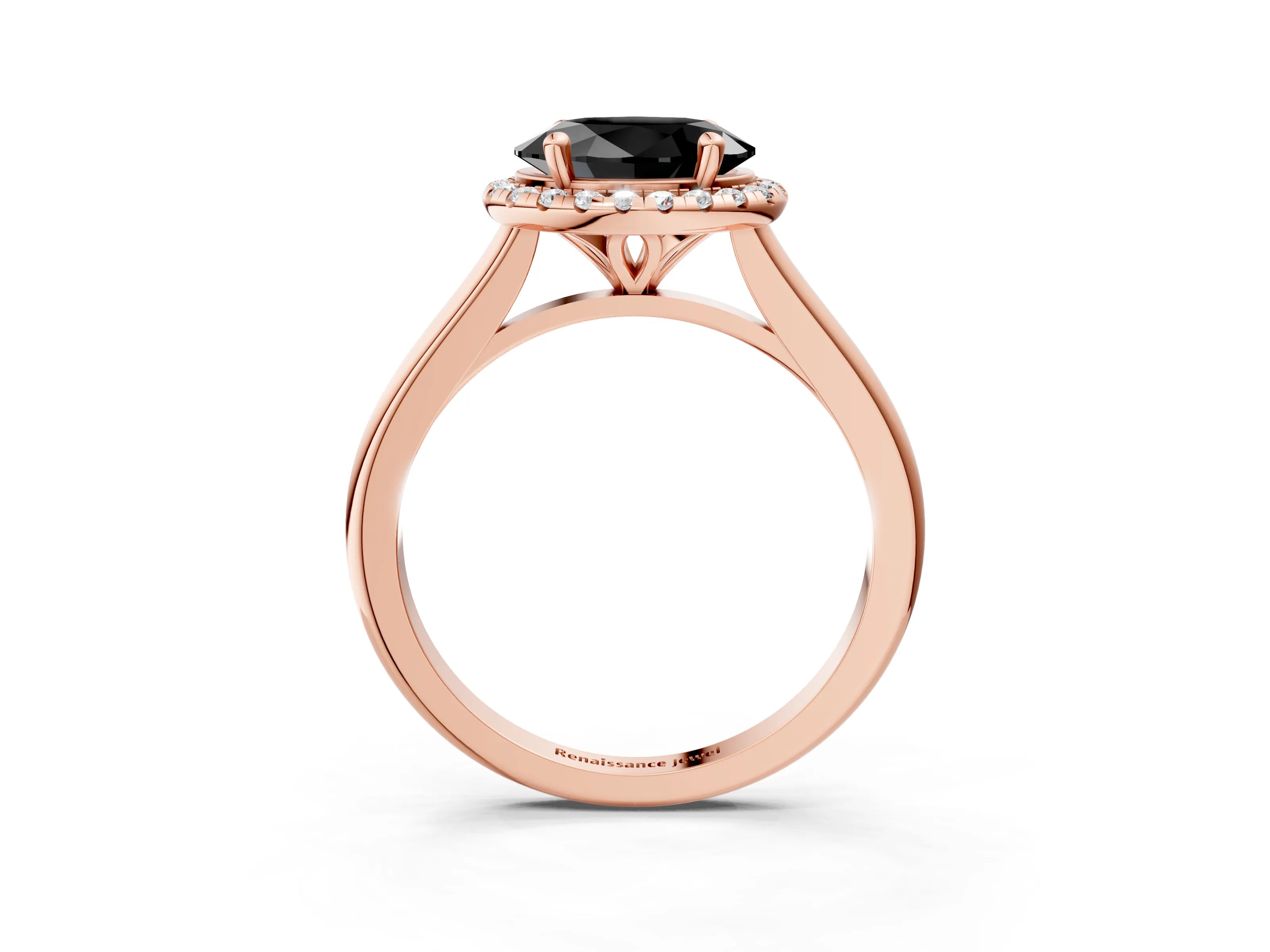 Rose gold Fancy Black Oval Cut Halo Round Diamond Solitaire Engagement Ring with Pave Band and Four-Prong Setting_15