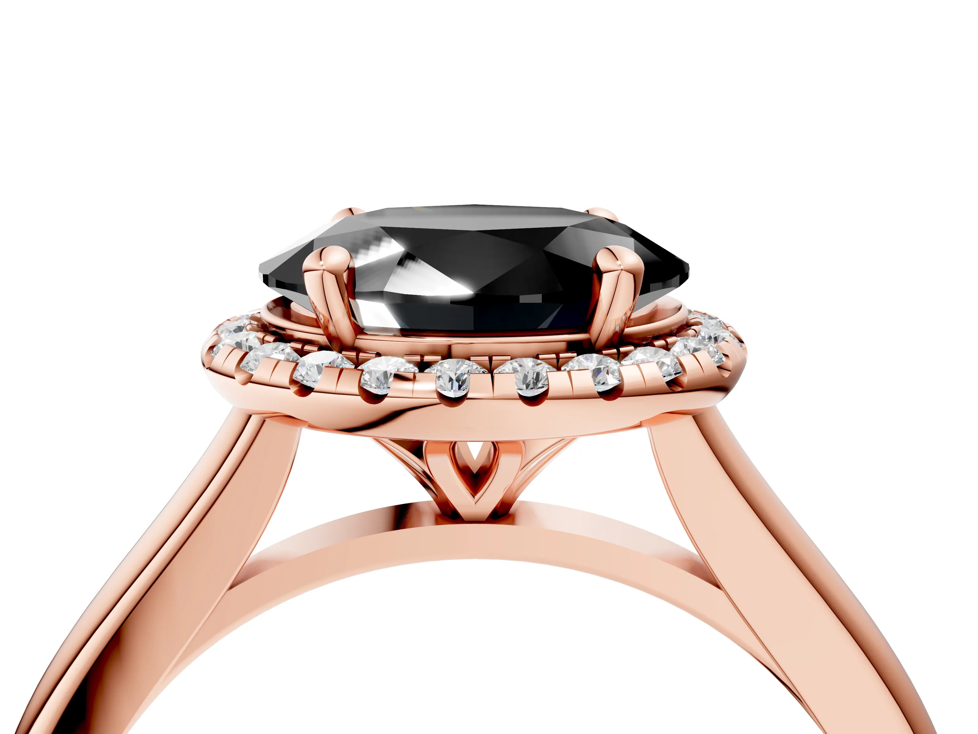 Rose gold Fancy Black Oval Cut Halo Round Diamond Solitaire Engagement Ring with Pave Band and Four-Prong Setting_16