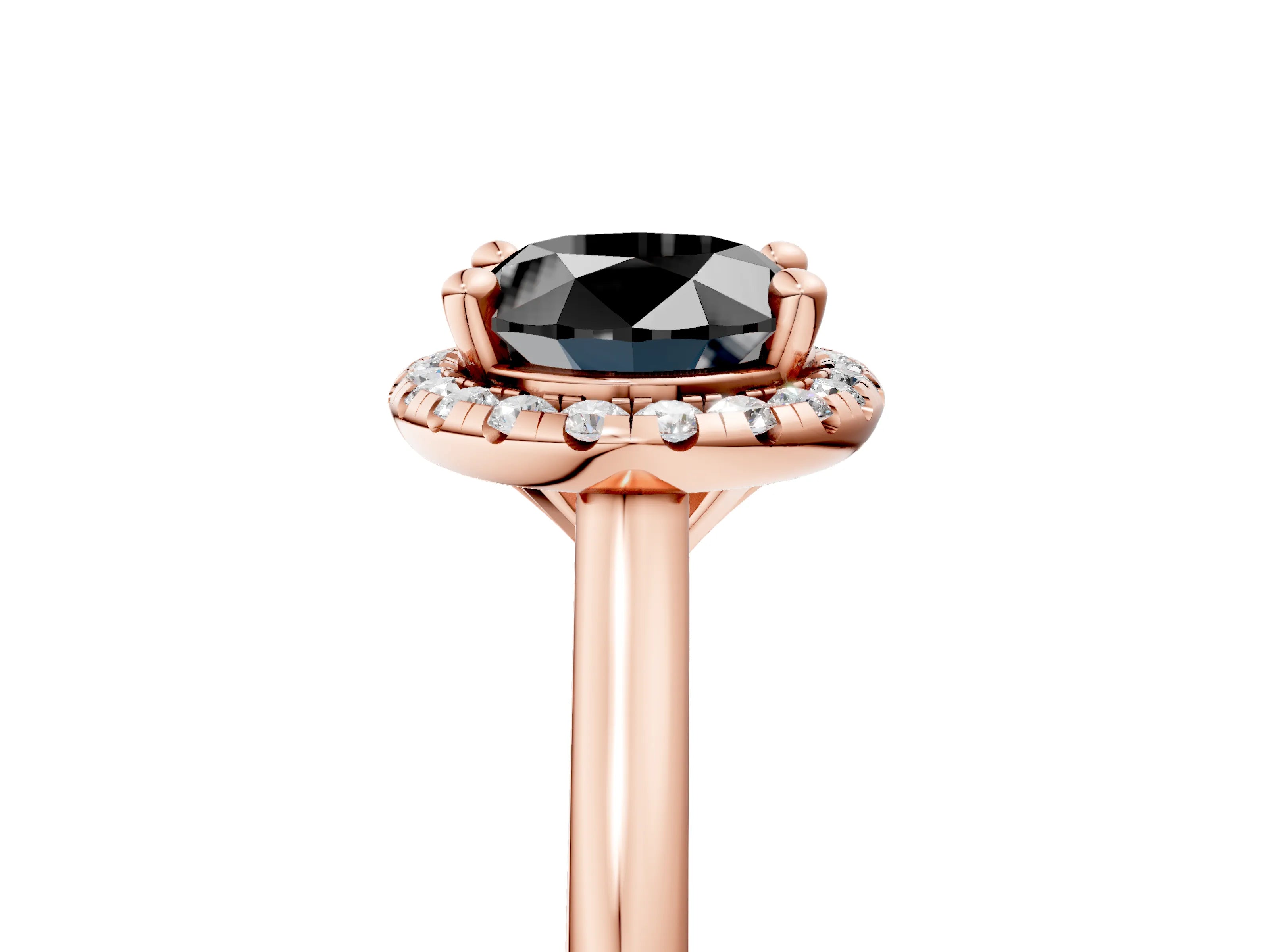 Rose gold Fancy Black Oval Cut Halo Round Diamond Solitaire Engagement Ring with Pave Band and Four-Prong Setting_17