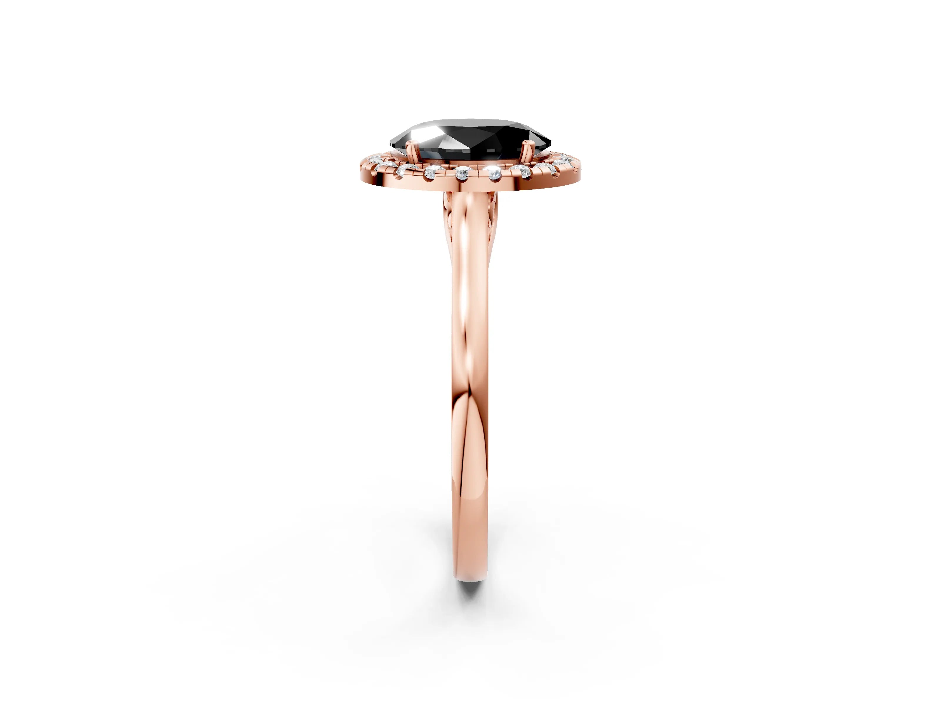 Rose gold Fancy Black Oval Cut Halo Round Diamond Solitaire Ring with Pavé Band and Four-Prong Setting_2