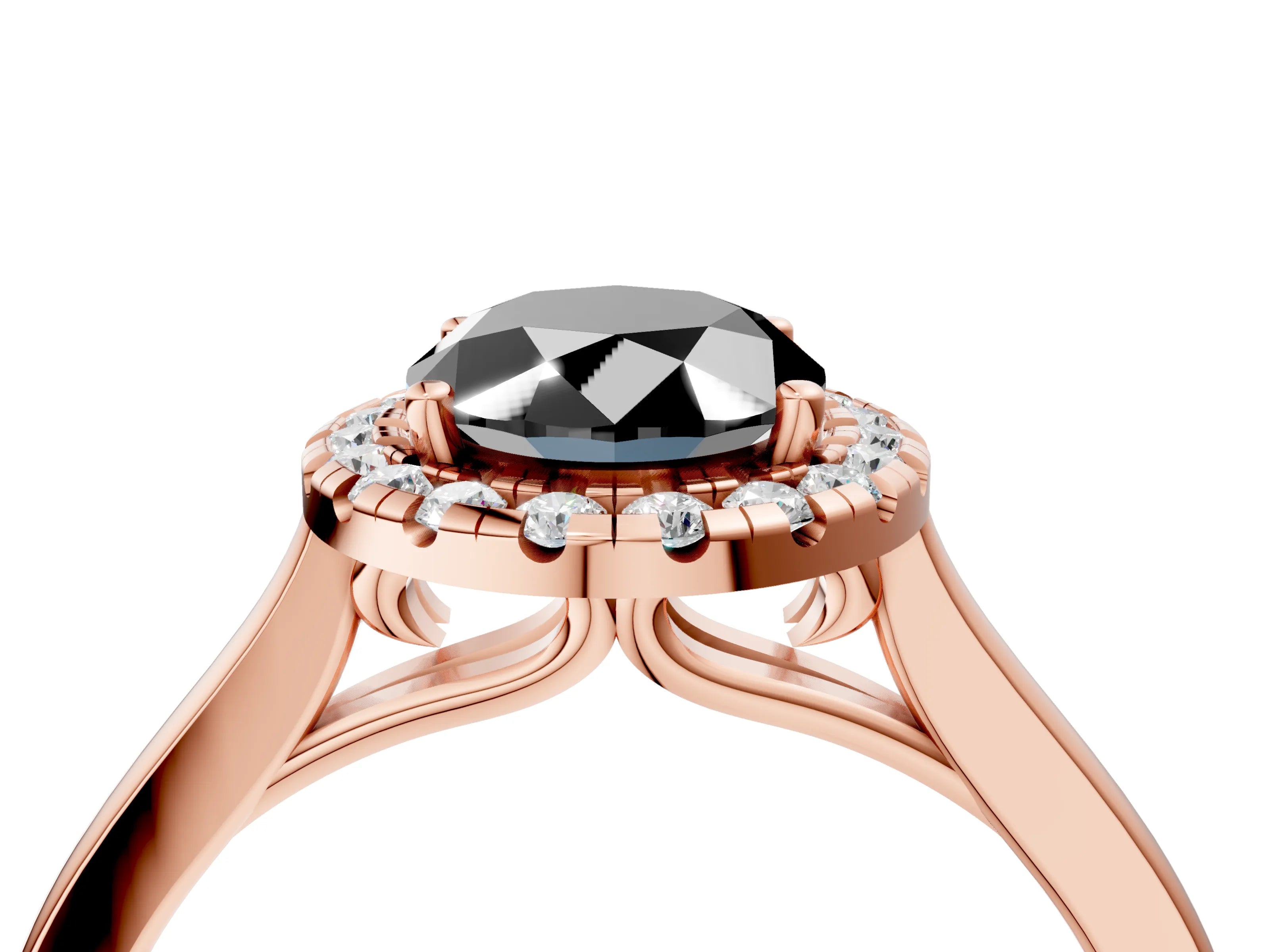 Rose gold Fancy Black Oval Cut Halo Round Diamond Solitaire Ring with Pavé Band and Four-Prong Setting_4