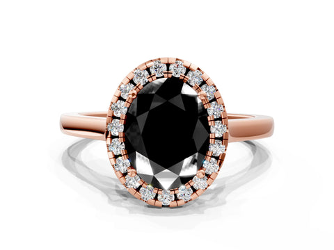 Rose gold Fancy Black Oval Cut Halo Round Diamond Solitaire Ring with Pavé Band and Four-Prong Setting