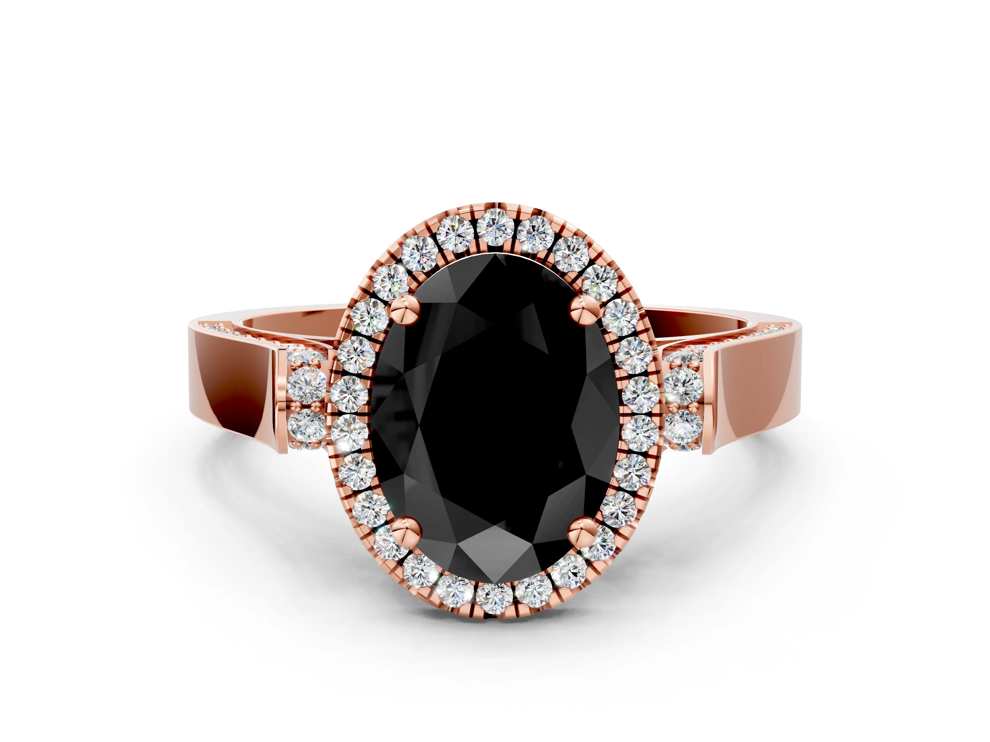 Rose gold Fancy Black Oval Cut Halo Round Diamond Twist Band with Four-Prong Setting