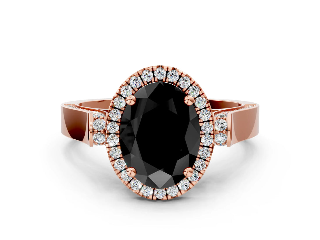 Rose gold Fancy Black Oval Cut Halo Round Diamond Twist Band with Four-Prong Setting