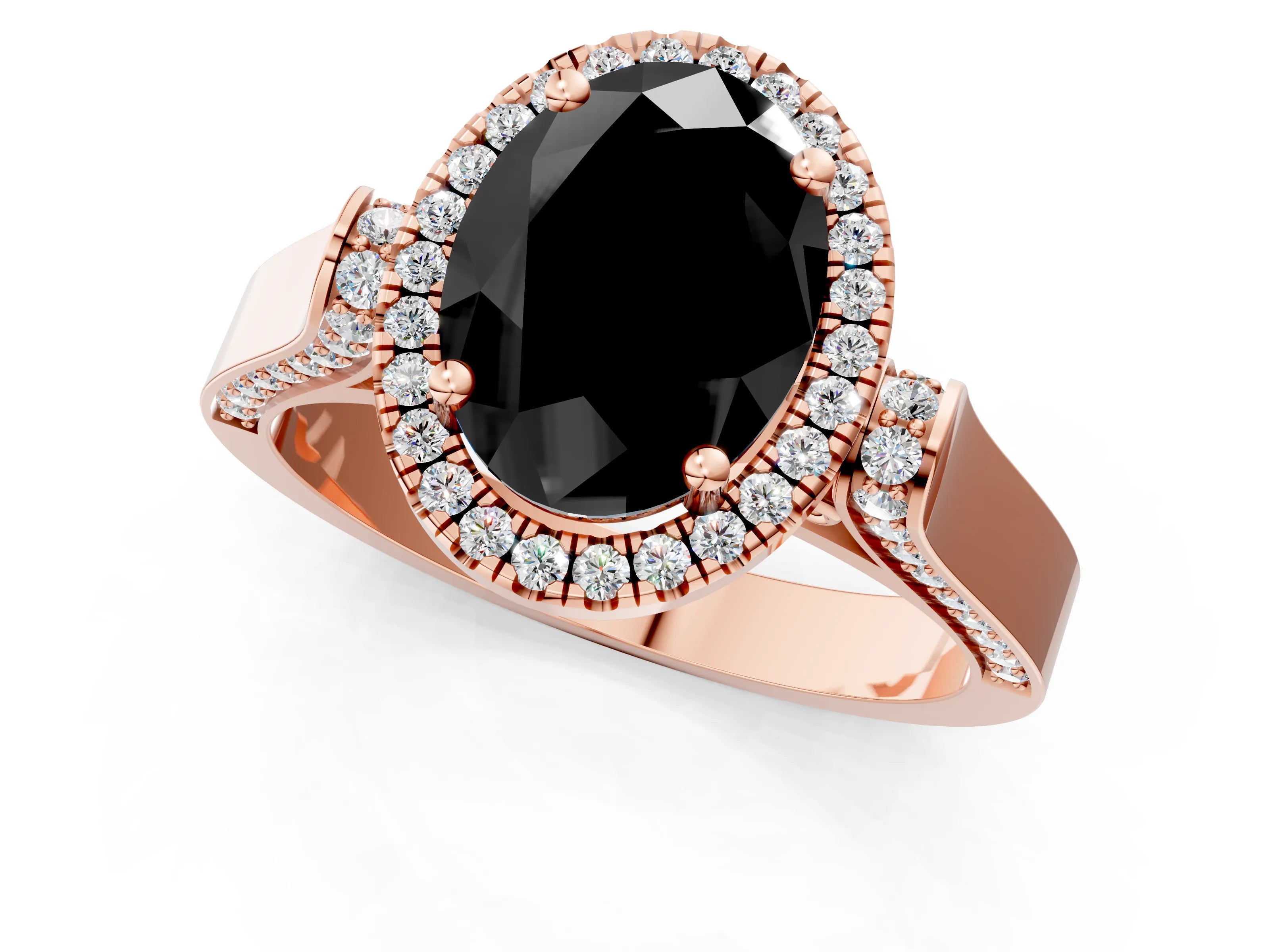 Rose gold Fancy Black Oval Cut Halo Round Diamond Twist Band with Four-Prong Setting_1