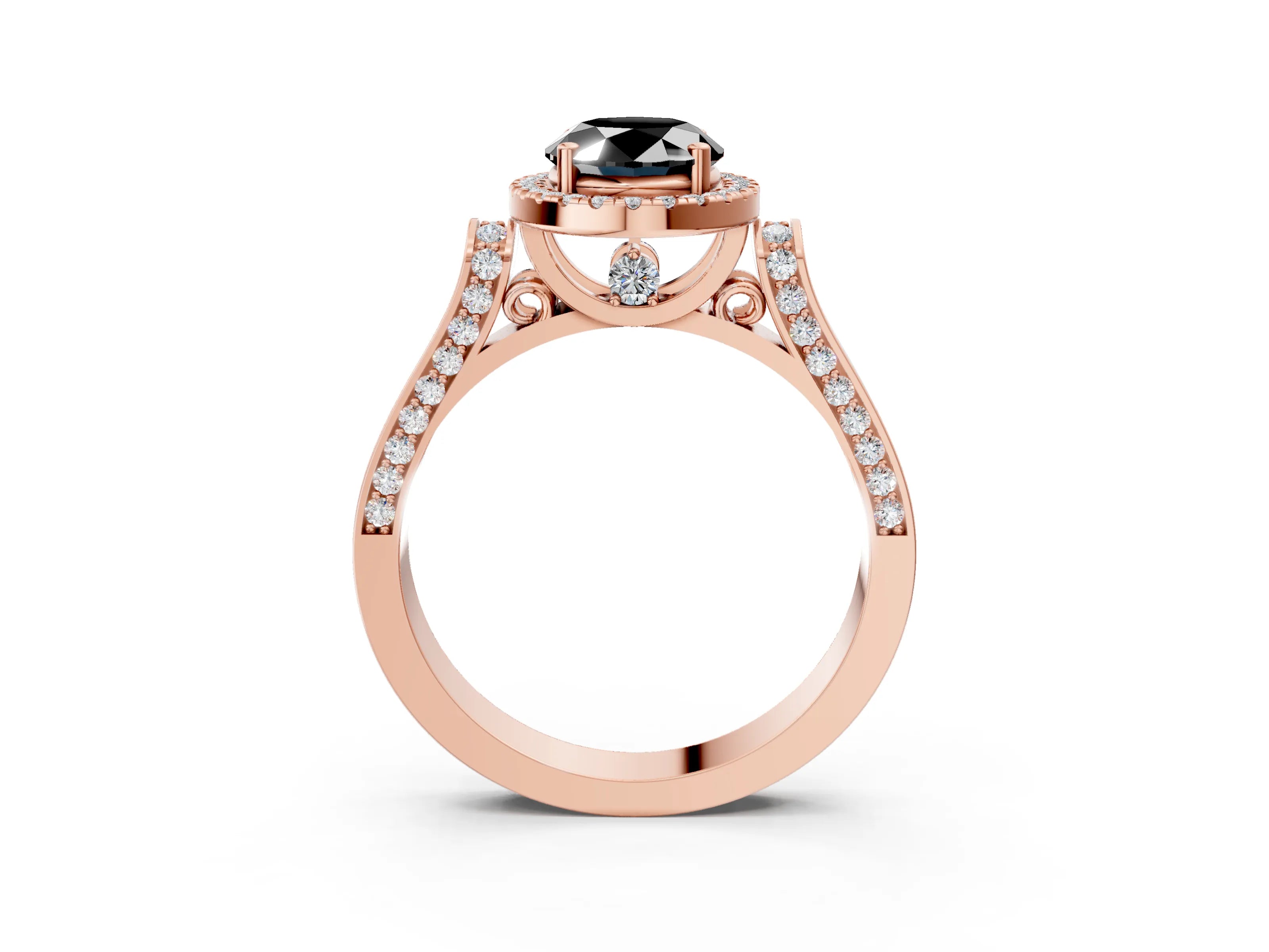 Rose gold Fancy Black Oval Cut Halo Round Diamond Twist Band with Four-Prong Setting_3
