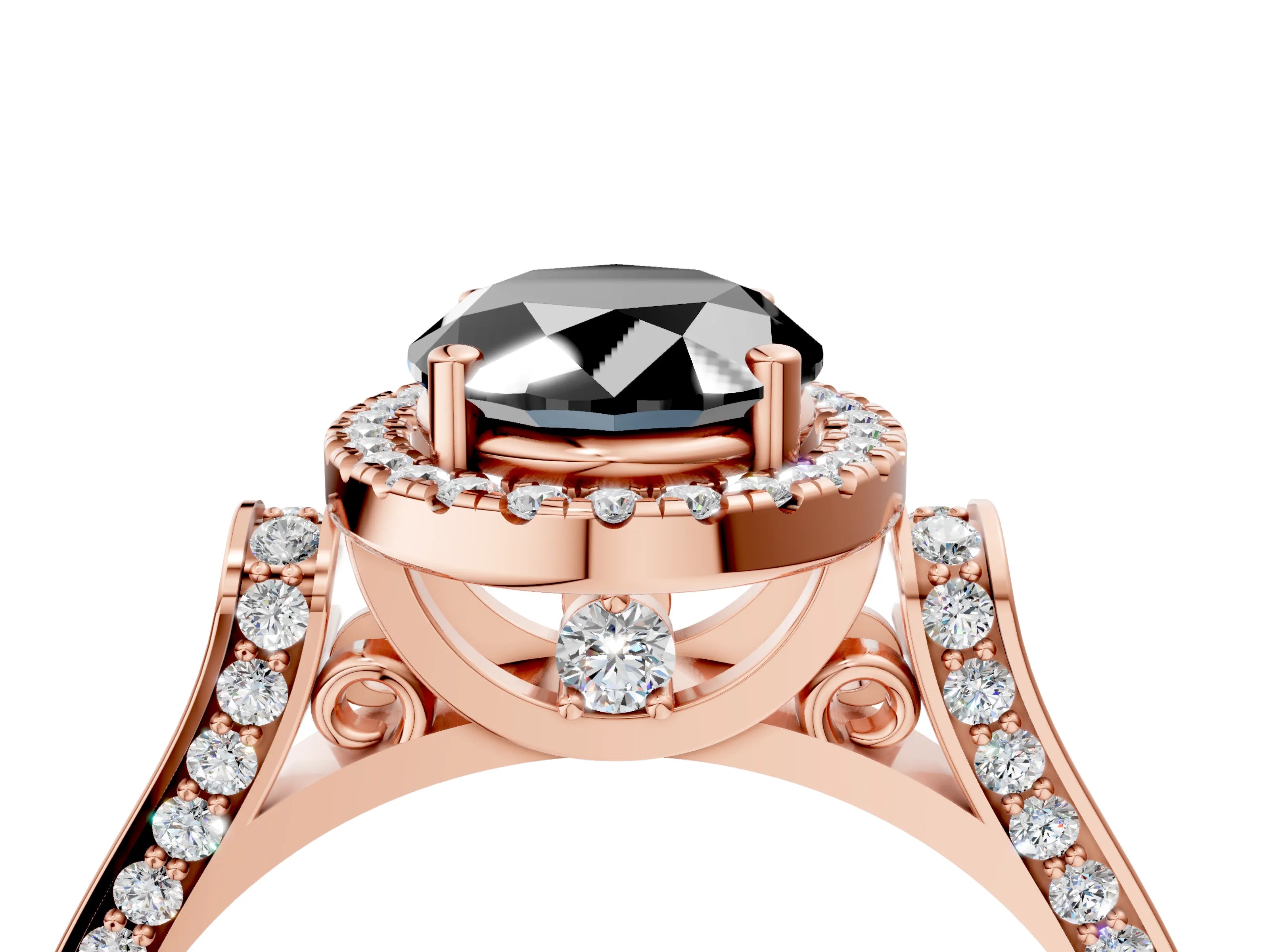 Rose gold Fancy Black Oval Cut Halo Round Diamond Twist Band with Four-Prong Setting_4