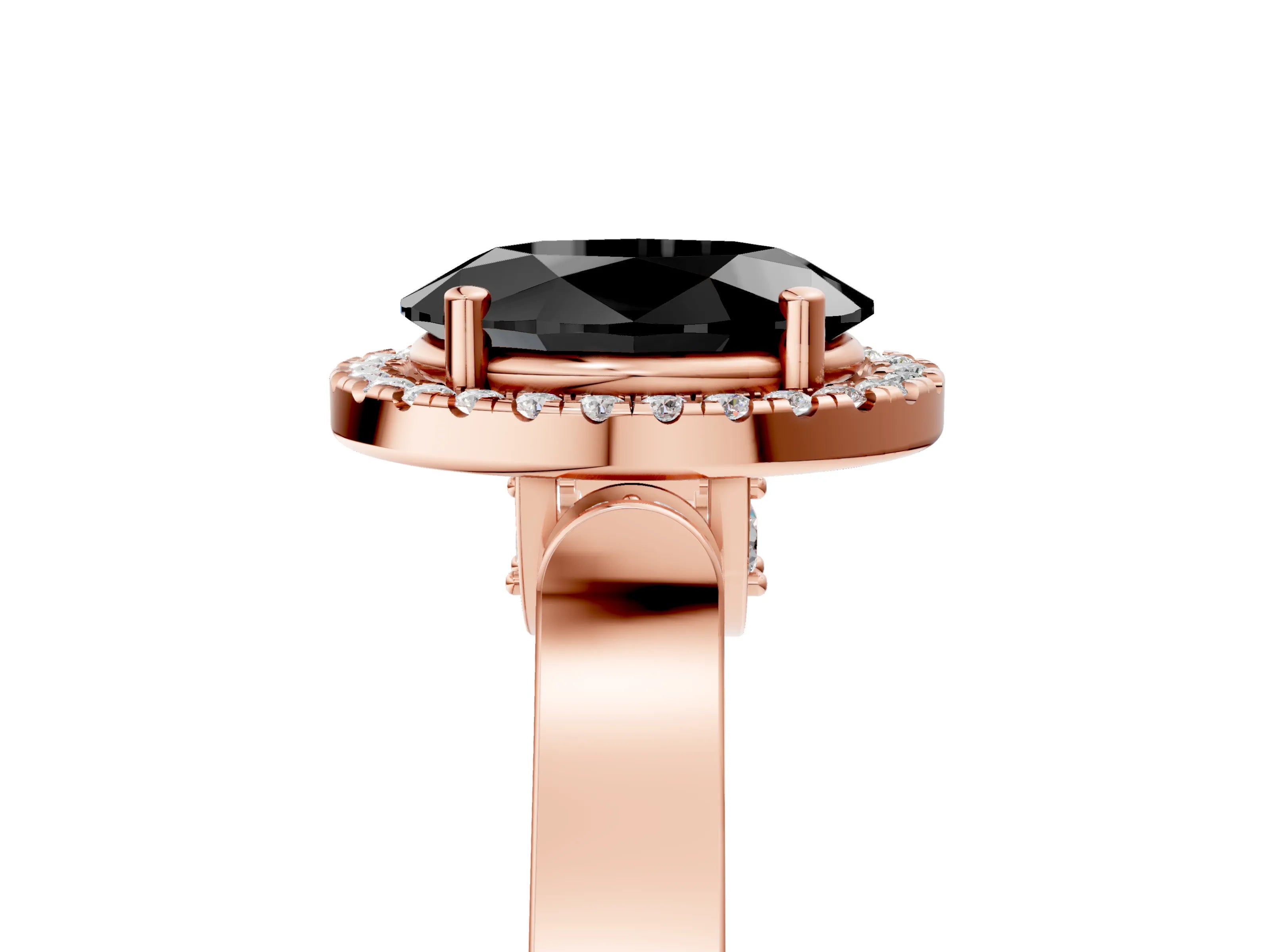 Rose gold Fancy Black Oval Cut Halo Round Diamond Twist Band with Four-Prong Setting_5