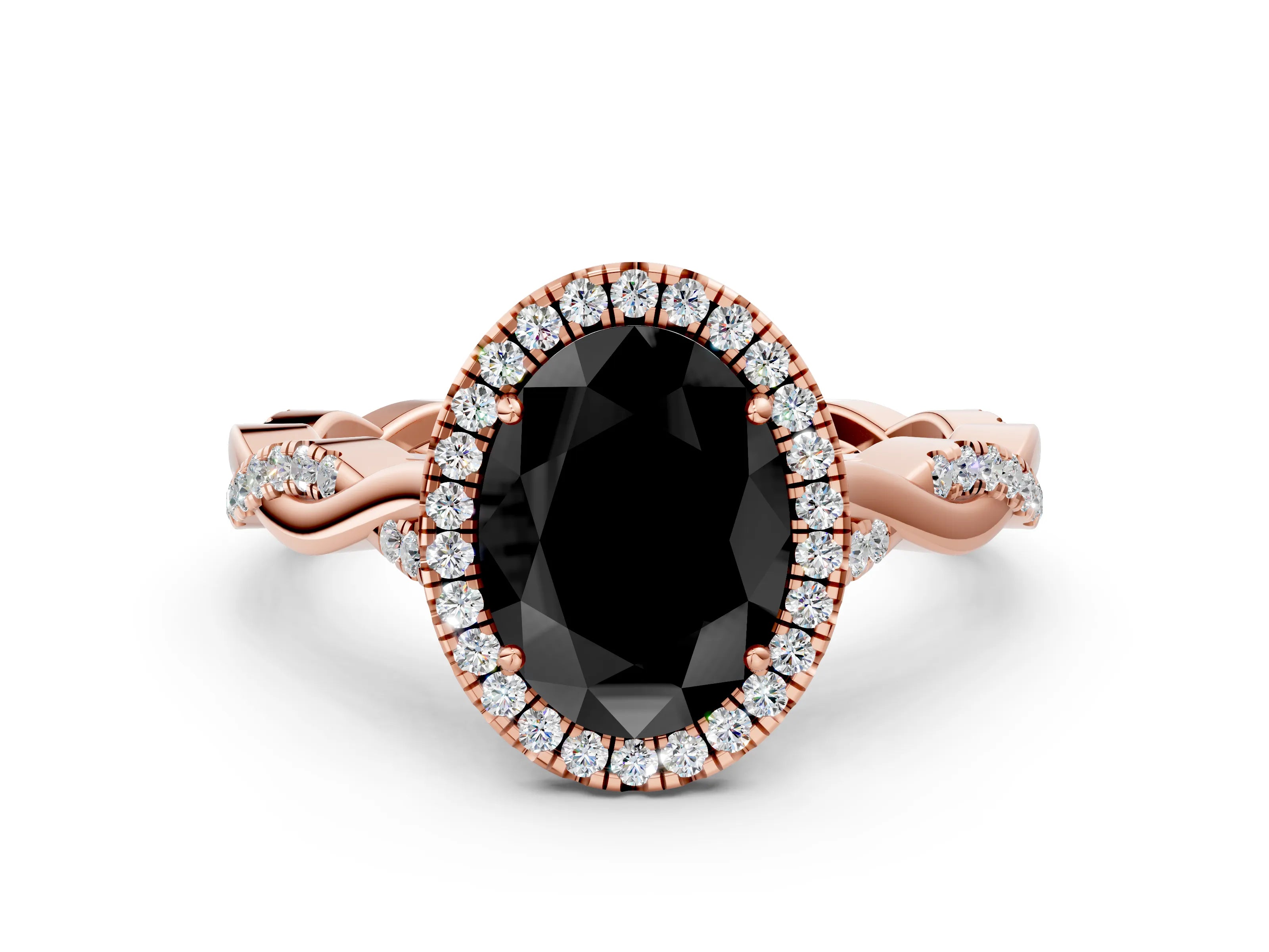 Rose gold Fancy Black Oval Cut Halo Twist Band with Four-Prong Setting