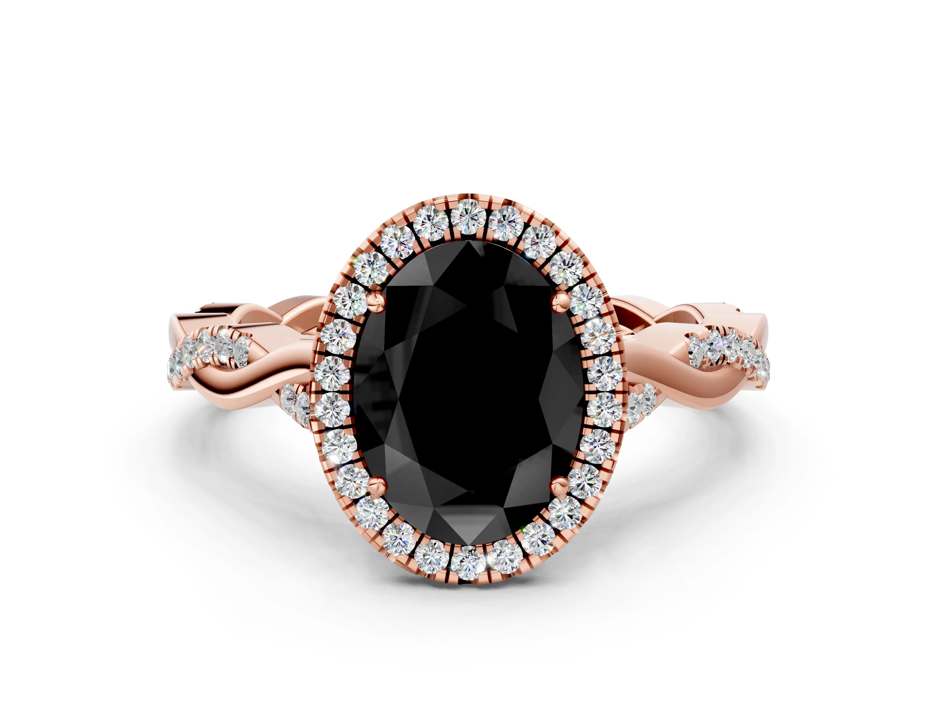Rose gold Fancy Black Oval Cut Halo Twist Band with Four-Prong Setting_12