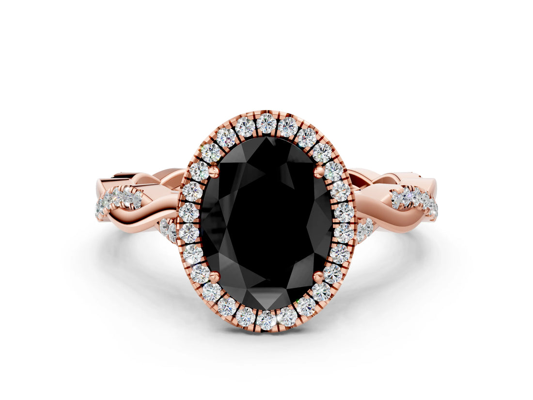Rose gold Fancy Black Oval Cut Halo Twist Band with Four-Prong Setting_12